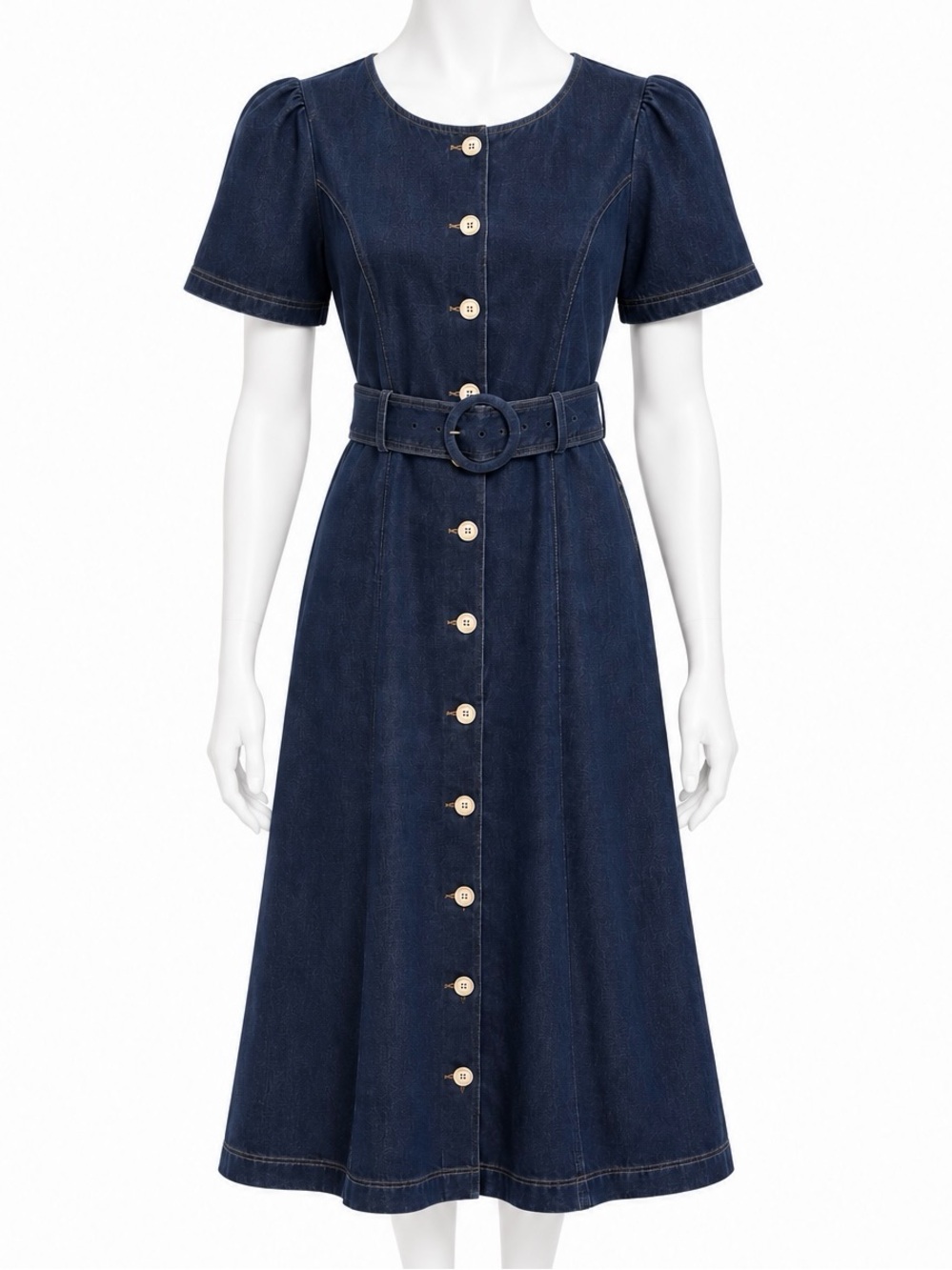 Boden Dark Blue Denim Button-Front Midi Dress with Belt